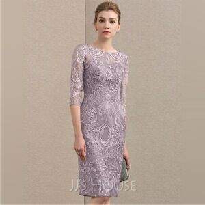 JJ's House Modest Half Sleeve Lace Applique Sheath Dress Lilac Purple Sz 8